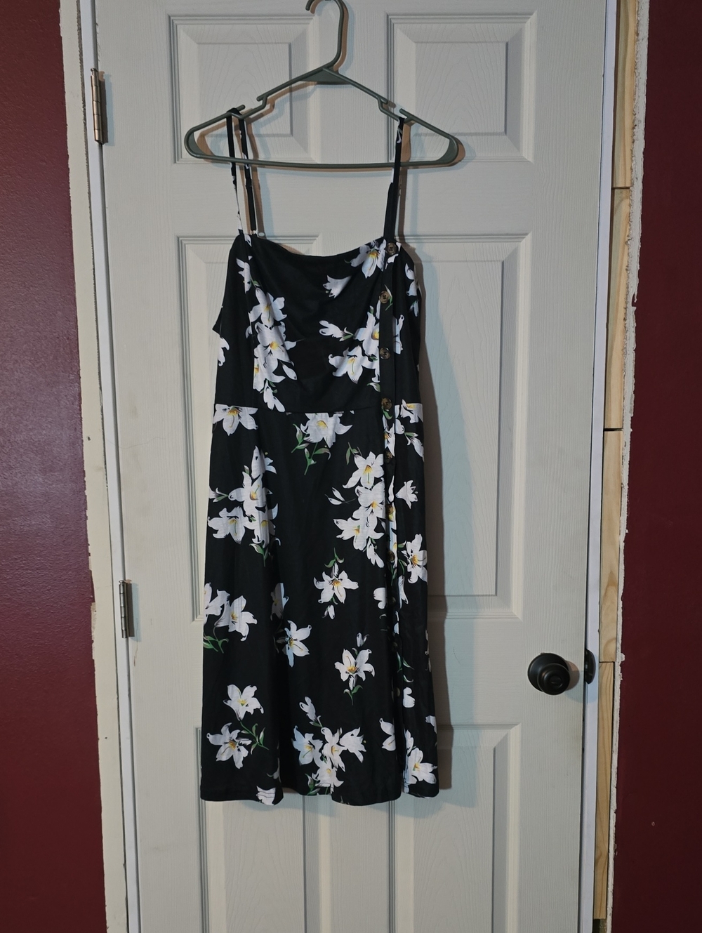Black Floral Midi Slip Dress with White Lily Print